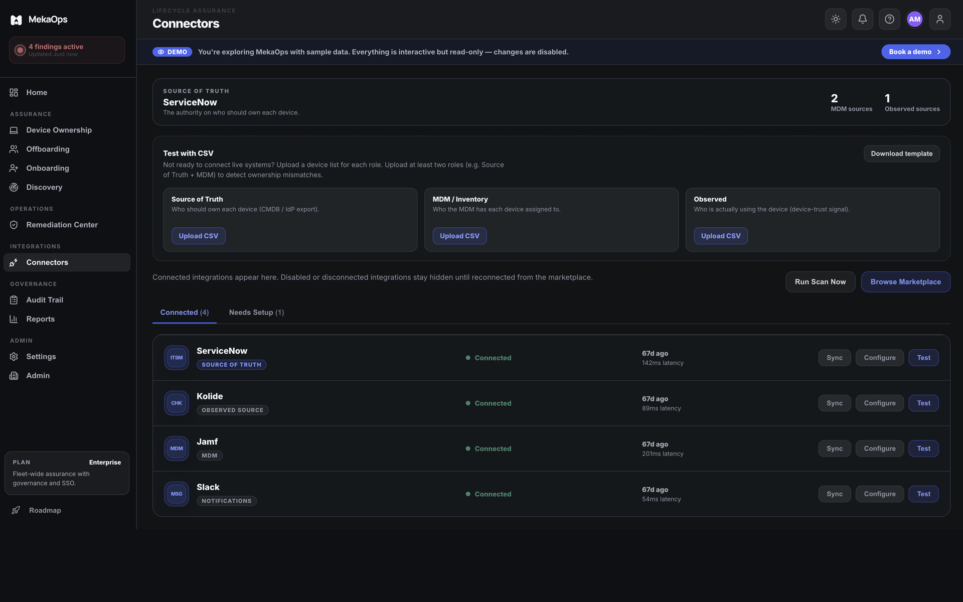 MekaOps connectors screen where each connected system is assigned a role: source of truth, MDM, or device trust.